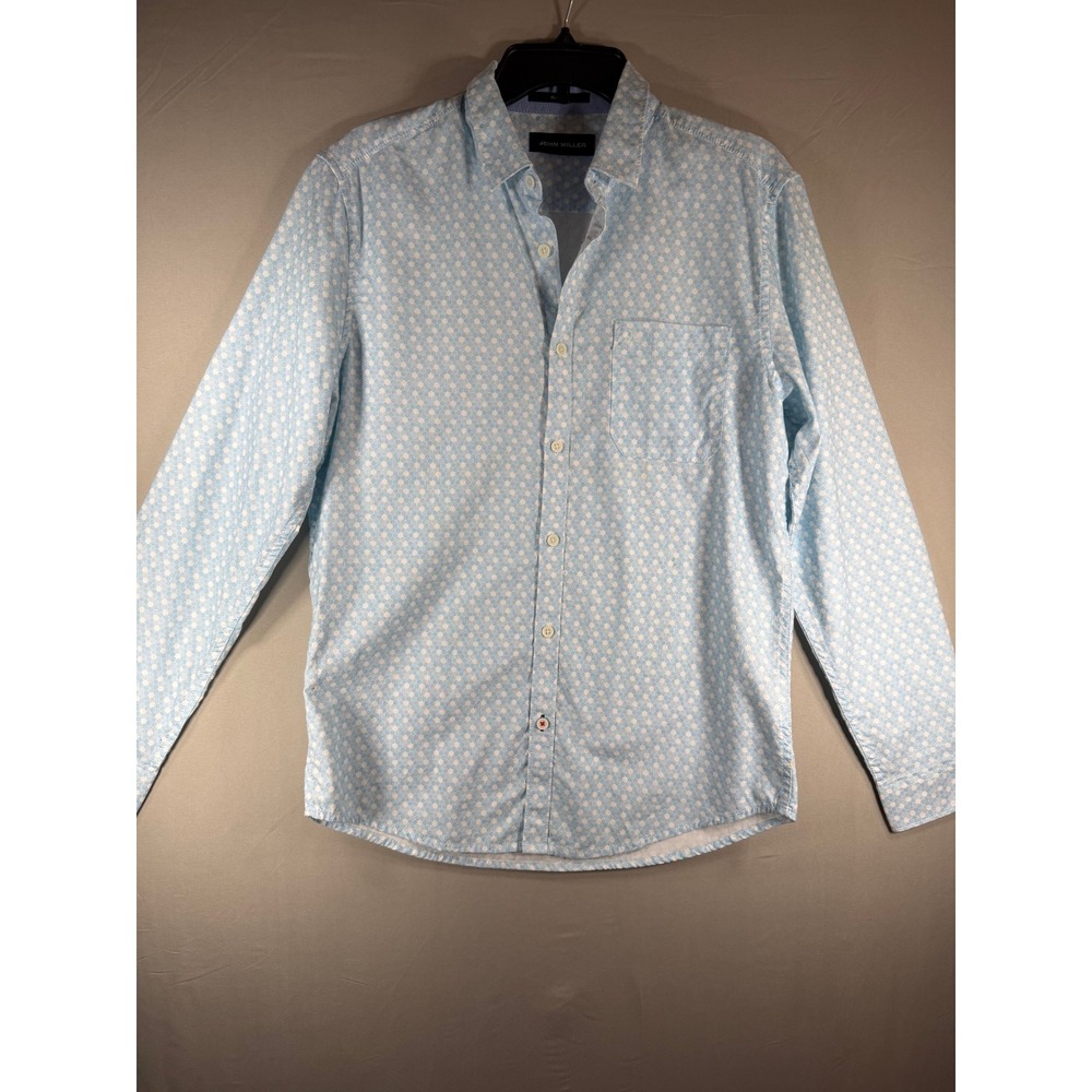 John Miller Mens Slim Fit Long Sleeve Button Down Shirt Blue Geometric 40cm